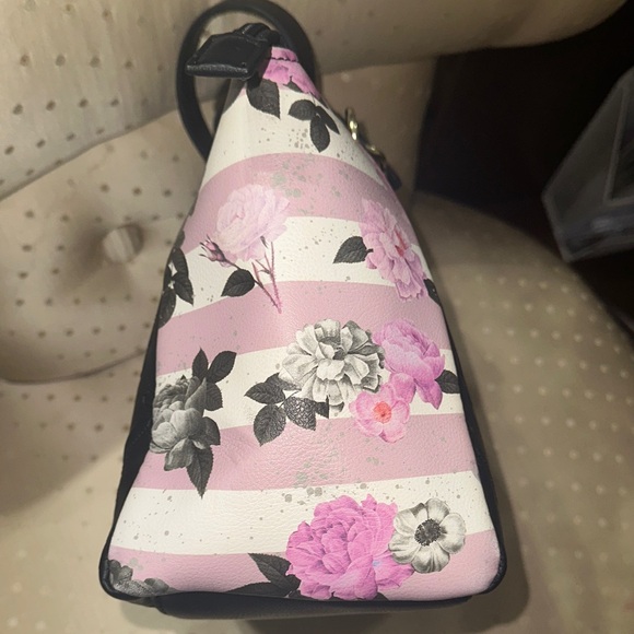 Betsey Johnson Black and Pink Striped Floral Satchel - Picture 3 of 8